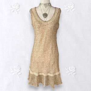 G-dresses Early 2000's Tan Brown Floral Mesh Cottage Core Lace Midi Dress S